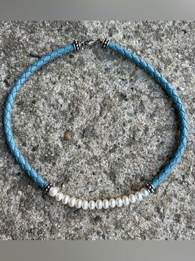 Honora Pearl and Teal Braided Leather Necklace with Silver (925) Findings